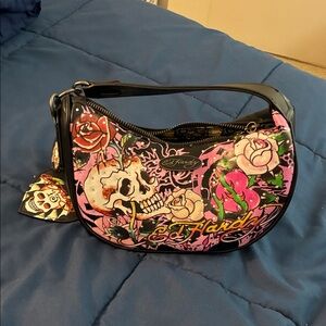 NWOT Ed Hardy Skull and Roses Small Satchel Bag - Pink and Black